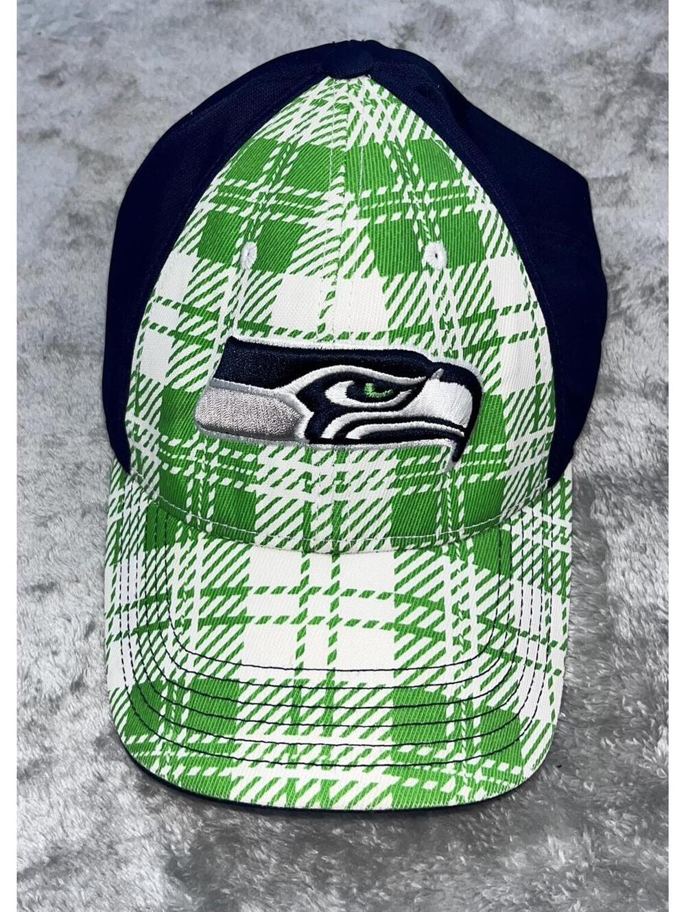 RARE Seattle Seahawks NFL Team Apparel Cap Neon Green Plaid Blue Strap Back